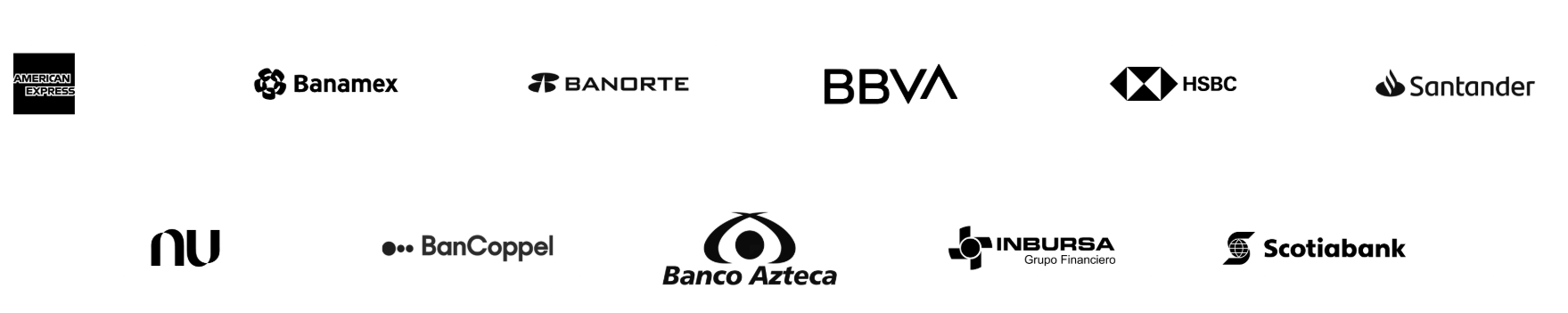 American Express, Banamex, Banorte, BBVA, HSBC, Santander, Nu, BanCoppel, Banco Azteca, Inbursa y Scotiabank